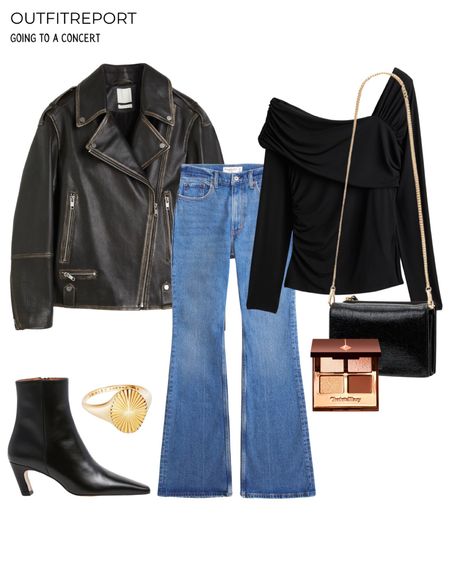 Concert outfit in asymmetric black top blue flare jeans black booties and leather jacket 

#LTKstyletip #LTKitbag #LTKshoecrush