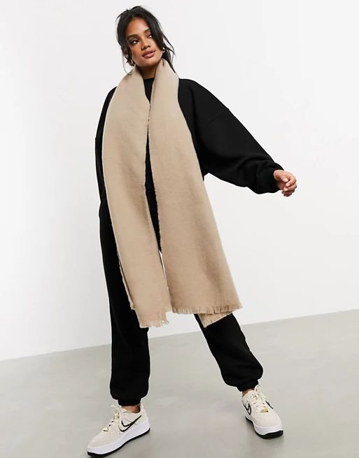 ASOS DESIGN supersoft long woven scarf with raw edge in stone | ASOS (Global)