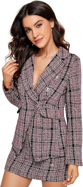 SweatyRocks Women's Business Suit 2 Pieces Tweed Blazer Jacket Coat and Skirt Set | Amazon (US)