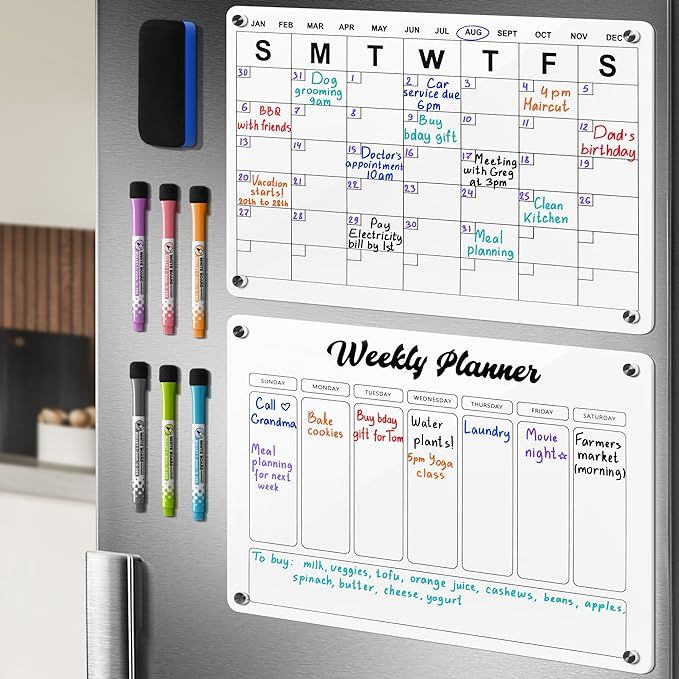Acrylic Calendar for Fridge - Magnetic Calendar for Refrigerator Set of 2: Monthly Calendar + Wee... | Amazon (US)