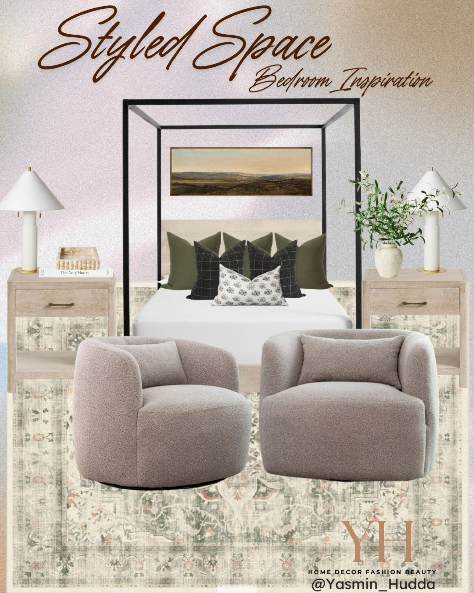 Bedroom decor idea. 
Subtle green and neutral color bedroom for soothing, relaxation and calm bedroom style.
Canopy bed
Nightstands
table lamps
Boucle accent chairs

#LTKStyleTip #LTKHome