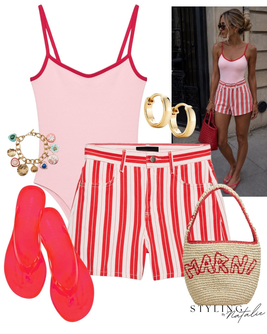 Stripe pink/red denim mom shorts, two tone contrast hem bodysuit, red jelly sandals, marni raffia bag, charm bracelet and gold hoop earrings. 
Summer outfit, Zara outfit, coloured denim, high waist shorts, comfy casual chic, holiday outfit @Zara

#LTKsummer #LTKuk #LTKstyletip