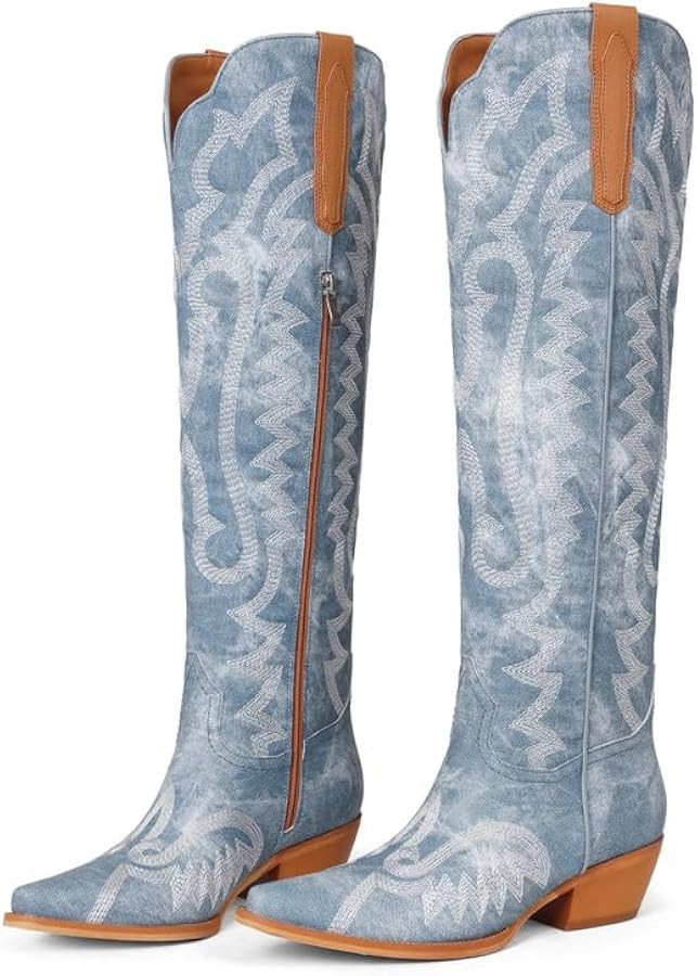Goiphrri Womens Cowboy Boots Wide Calf Chunky Block Heel Pointed Toe Embroidered Western Knee Hig... | Amazon (US)