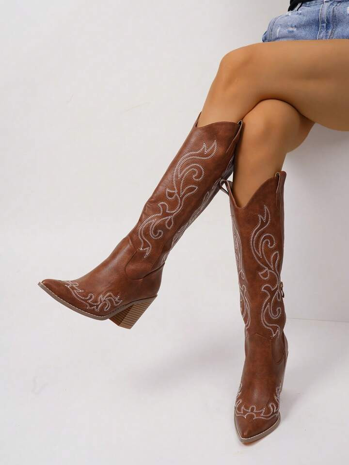 Pointed Toe Chunky Heeled Embroidered Western Style Over The Knee Cowgirl Boots For Women | SHEIN