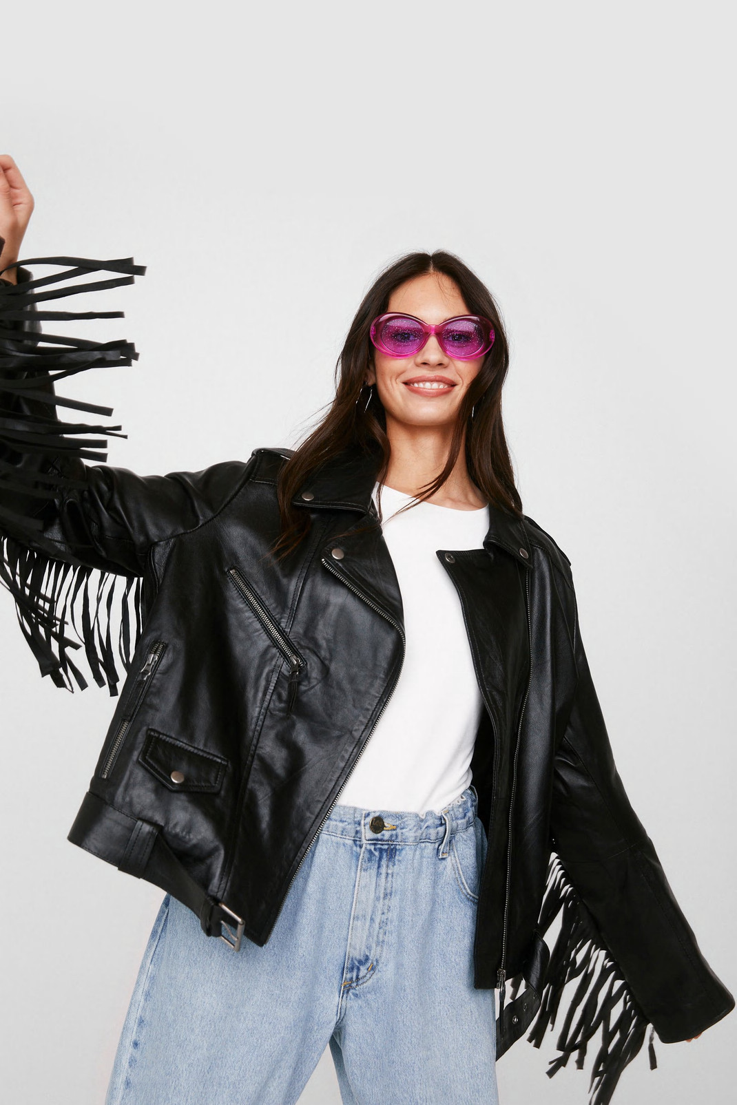 Real Leather Belted Fringed Moto Jacket | Nasty Gal (US)