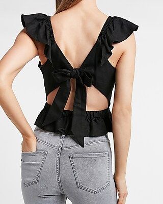 Linen-Blend Ruffle Cut-Out Back Peplum Tank | Express