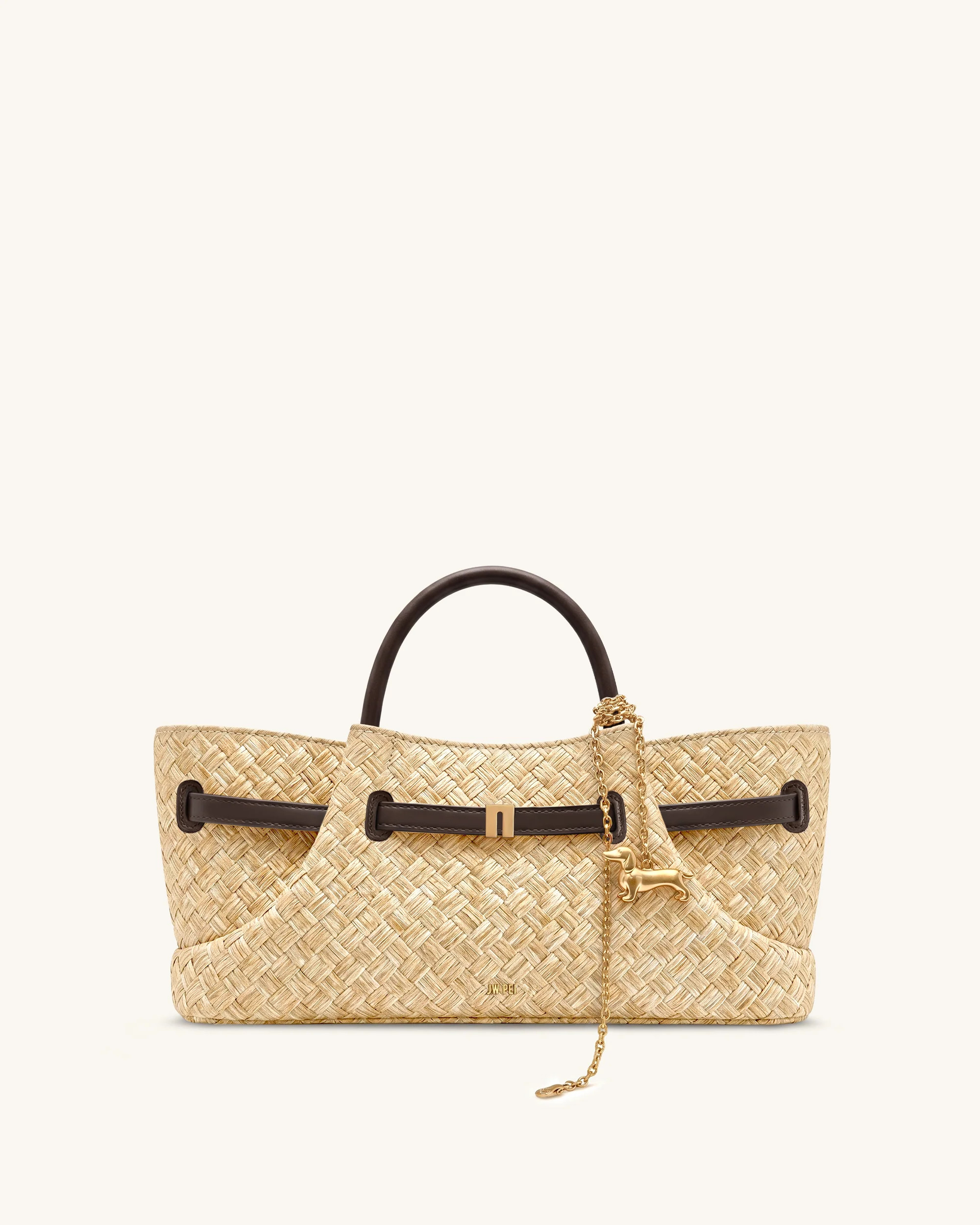 Maeve Faux Straw Dachshund Metal Charm Tote Bag - Brown | JW PEI US