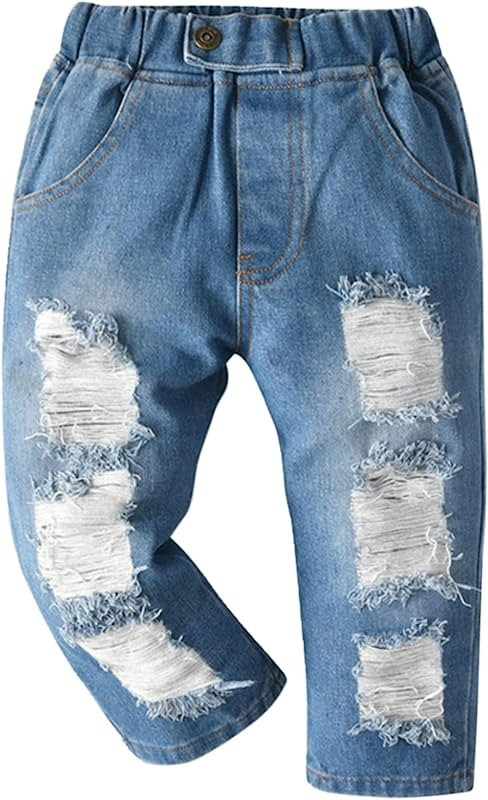 Aiihoo Toddler Baby Boys Elastic Waist Ripped Denim Pants Pull On Straight Leg Bootcut Jeans | Amazon (US)