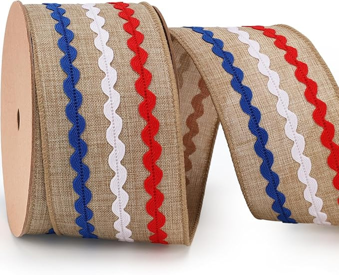 LaRibbons Patriotic Ribbon Wired 2.5 Inch x 12 Yards, 4th of July Red White Blue Wavy Stripe Ribb... | Amazon (US)