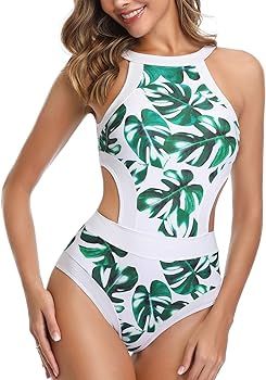 Women One Piece High Neck Floral Printed Cut Out Backless Bathing Suits Swimsuit | Amazon (US)