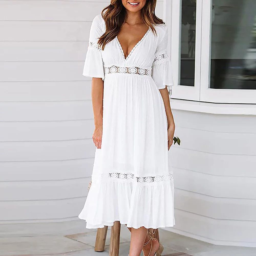 MELDVDIB Womens Bohemian Dress Deep V Neck Summer Flowy Long Maxi Dresses Sexy White Sleeveless B... | Walmart (US)