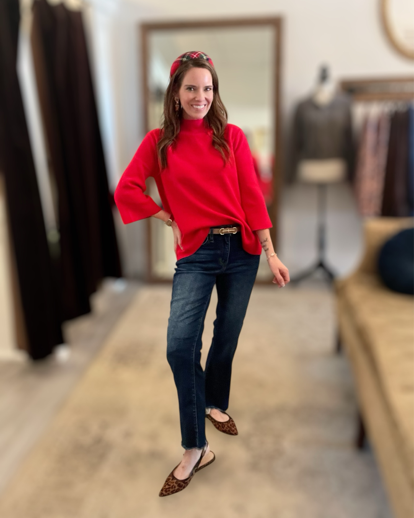 Classic Red Knit Holiday Outfit ❤️✨

A bright red knit is always a holiday win, and this one is such a chic, easy staple. The mock neck and relaxed silhouette make it feel polished without being dressy, and it pairs perfectly with everyday denim for a timeless seasonal look. I love it styled with cropped flare jeans and leopard slingback flats for a fun mix of classic and playful 🐆🎄

Finished with a skinny belt, festive plaid padded headband, gold earrings, and a two-tone watch for an elevated but effortless outfit. This is one of those looks that works for holiday errands, casual parties, or even Christmas dinner when you want to look put together but still comfortable ✨🎀

Red knit sweater, holiday outfit idea, festive red top, cropped flare jeans outfit, leopard flats look, casual holiday style, winter everyday outfit, women’s boutique sweater, classic Christmas outfit

#LTKHoliday #LTKFindsUnder100 #LTKFindsUnder50