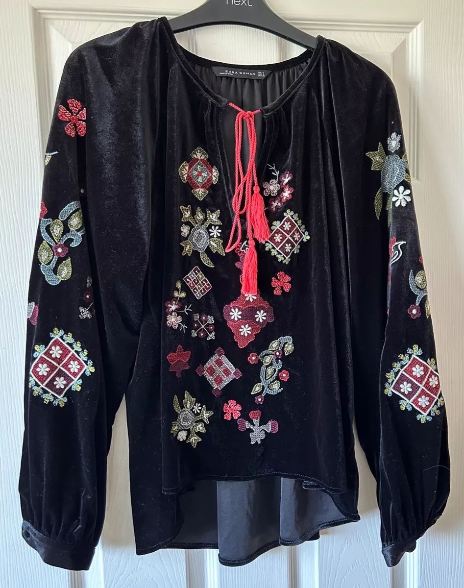 Worn Once Black Velvet ZARA Oversized Embroidered Boho Tunic Top L 14/16/18  | eBay | eBay US