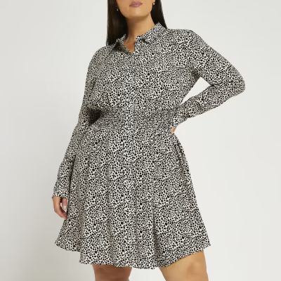 Plus black spot print shirred shirt dress | River Island (UK & IE)