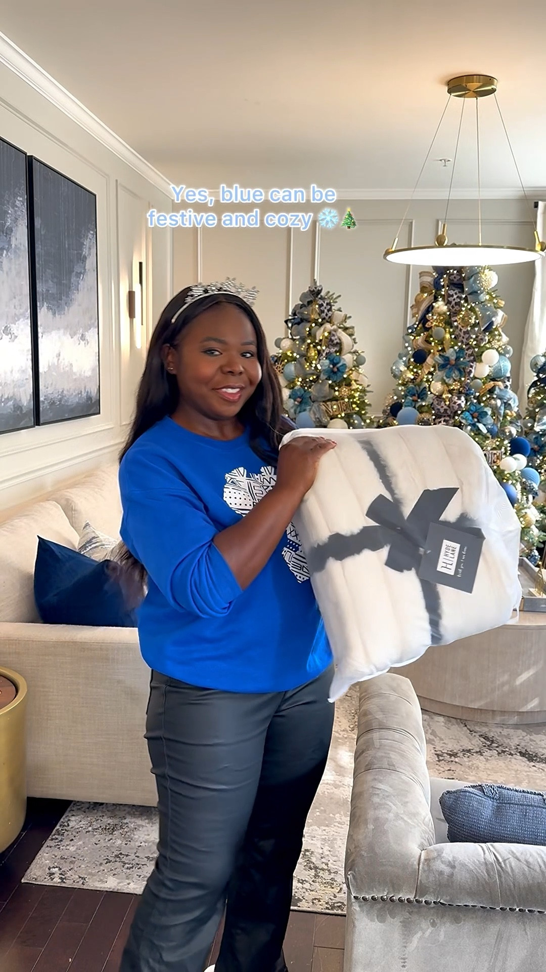 Someone said blue isn’t a festive or cozy Christmas color 😂 What do y’all think? I think it’s giving festive and cozy over here 😅 Here’s a closer look at how I styled our living room and kitchen. I also added the cabinet wreath I forgot to show in the last video. #christmasdecor 

#LTKGiftGuide #LTKHoliday #LTKHome