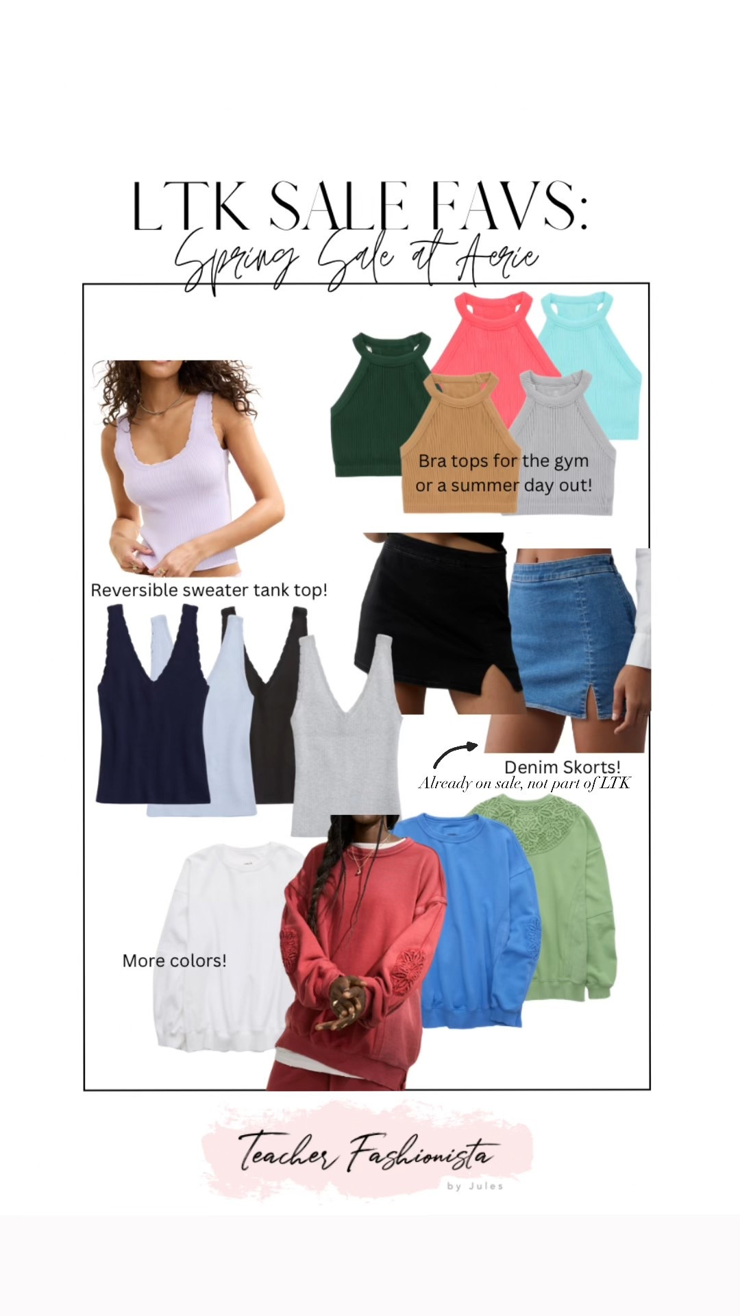 LTK sale favorites at Aerie! I size up to a M in the bra tops. The sweater tank top and pullover sweatshirt all fit TTS.


(The skorts are on sale at AE but don’t get the extra LTK app sale discount.)

Great spring break finds!!

#LTKSpringSale #LTKFindsUnder50 #LTKSaleAlert