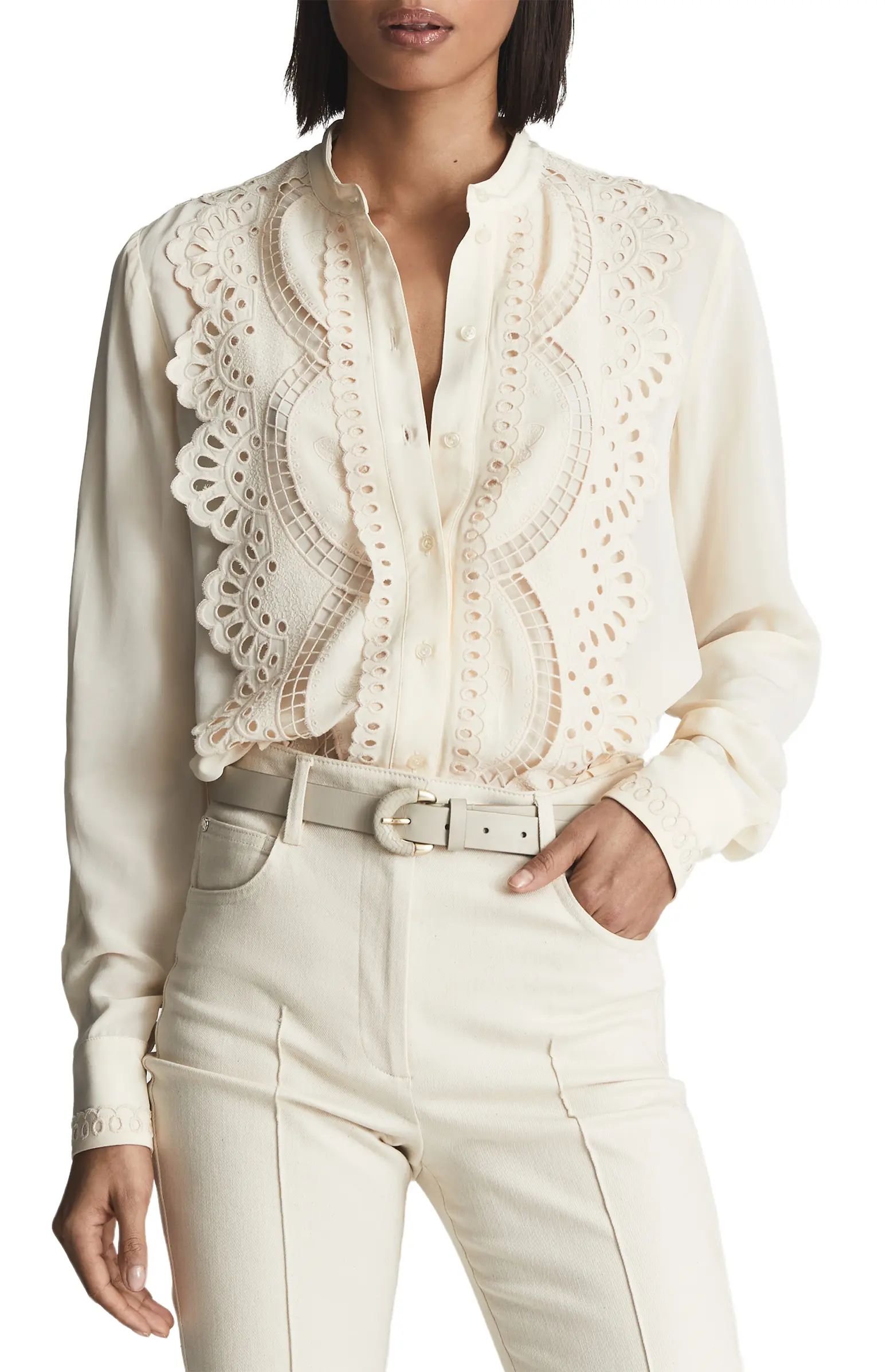 Reiss Karina Lace Placket Button-Up Blouse | Nordstrom | Nordstrom