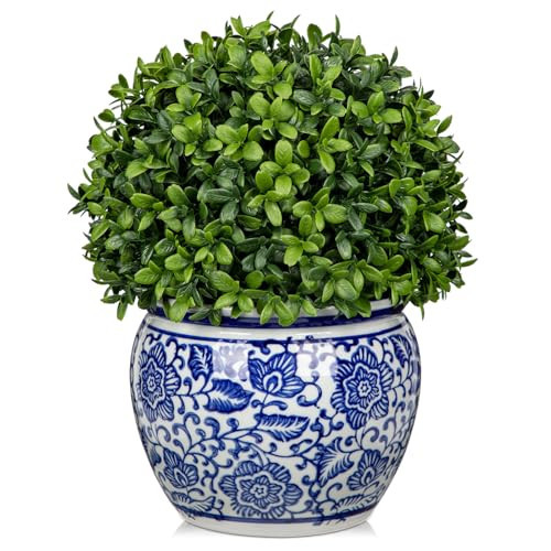 DILATATA Artificial Topiary Boxwood Ball in Blue and White Ceramic Pot, 10 Inch Artificial Boxwood in Planters Decorative Fake Greenery for Table Centerpiece Indoor Plant Home Decor - Medium | Amazon (US)