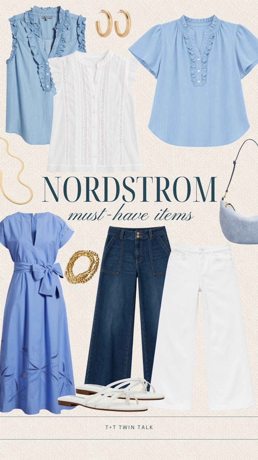We're stocking up on these Nordstrom favorites. The soft blue tops, white blouse, and flattering dress are easy to style with the denim and white jeans, and the gold accessories tie it all together. These are the kind of pieces that work for weekdays, weekends, and everything in between.

#LTKOver40 #LTKMidsize #LTKSeasonal