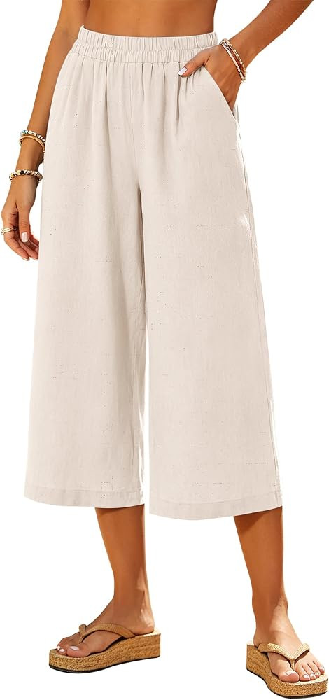 LOMON Women's Wide Leg Capri Pants Cropped Palazzo Summer Beach Vacation Casual Pants with Pocket... | Amazon (US)