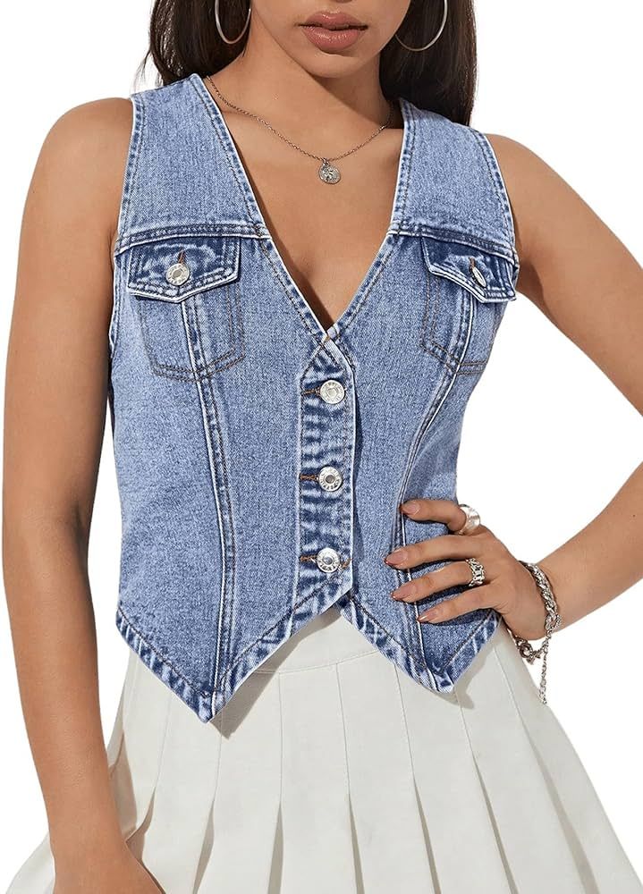 GORGLITTER Women's Denim Vest Flap Pocket Sleeveless Crop Tank Top Button Front Y2K Vest Denim To... | Amazon (US)