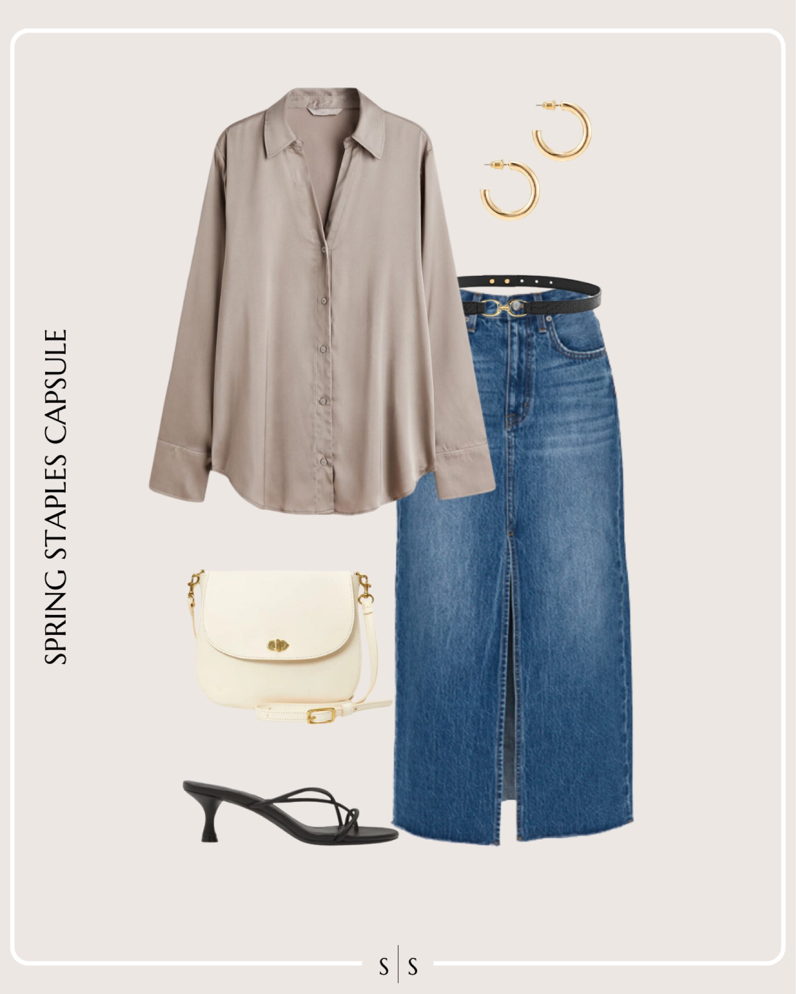 Spring Staples Capsule Wardrobe outfit idea | denim midi skirt, satin blouse, belt, black sandal, classic bag, jewelry gold hoops

See the entire staples capsule on thesarahstories.com ✨ 


#LTKstyletip