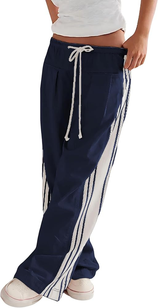 Hongsui Women's Wide Leg Pants Drawstring High Rise Side Striped Slouchy Palazzo Pants with Pocke... | Amazon (US)