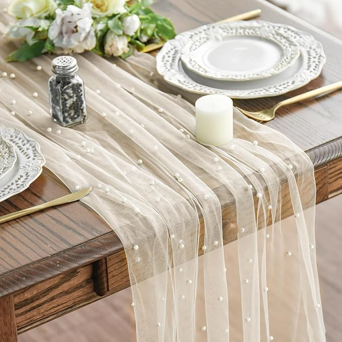 Artoid Mode 10PCS Pearl Beige Gauze Table Runner 120 Inch 10FT, Seasonal Sheer Dining Holiday Wed... | Amazon (US)
