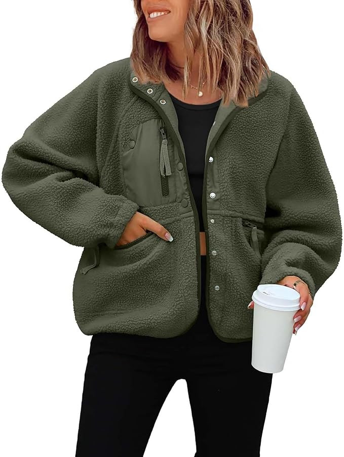 ReachMe Womens Sherpa Jacket Casual Lapel Button Down Cropped Fuzzy Fleece Jackets Long Sleeve Wi... | Amazon (US)