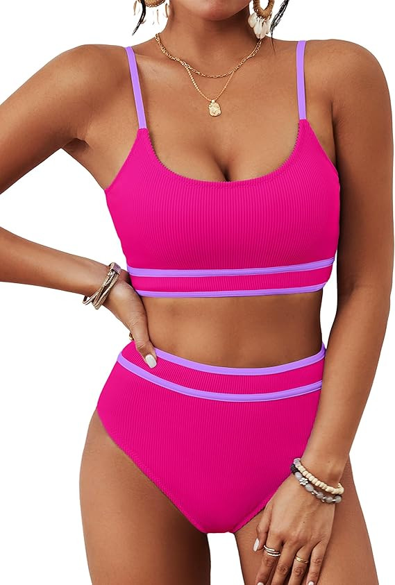 BMJL Women's High Waisted Bikini Ribbed Two Piece Swimsuit High Cut Color Block Adjustable Straps... | Amazon (US)