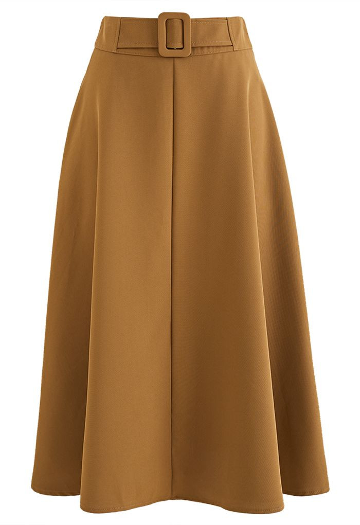 Fake Belt Casual A-Line Midi Skirt in Caramel | Chicwish
