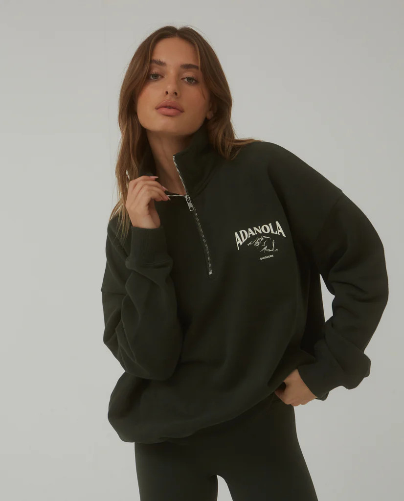 Oversized Funnel Neck Zip Sweatshirt - Dark Olive | Adanola UK