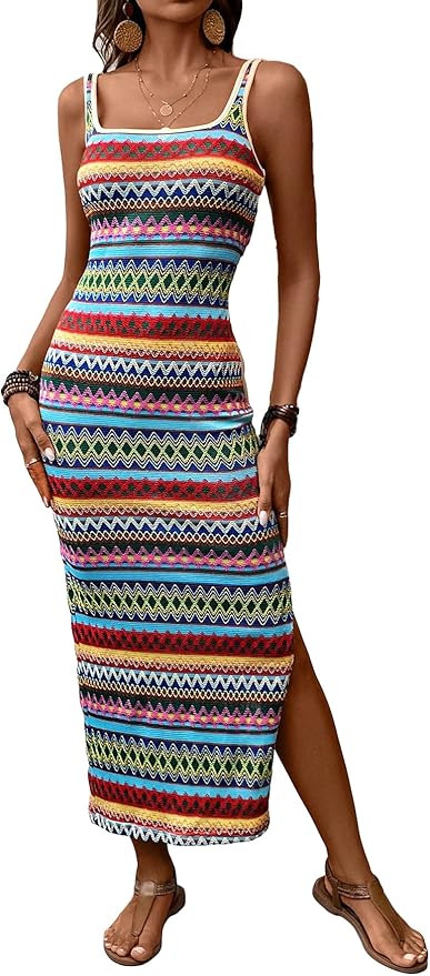 Verdusa Women's High Split Sleeveless Square Neck Striped Bodycon Long Tank Dress | Amazon (US)
