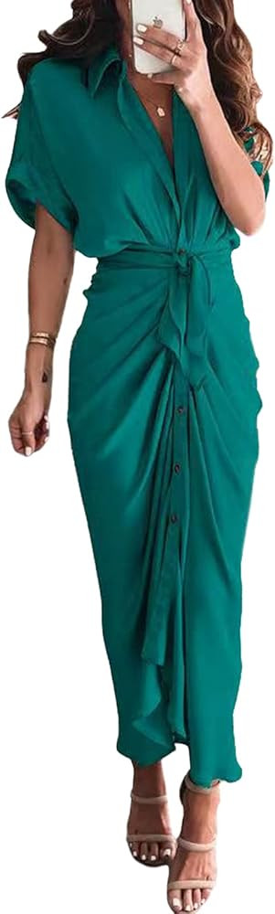 Linsery Women Elegant Satin Button Down Short Sleeve Maxi Shirt Dress with Belt | Amazon (US)