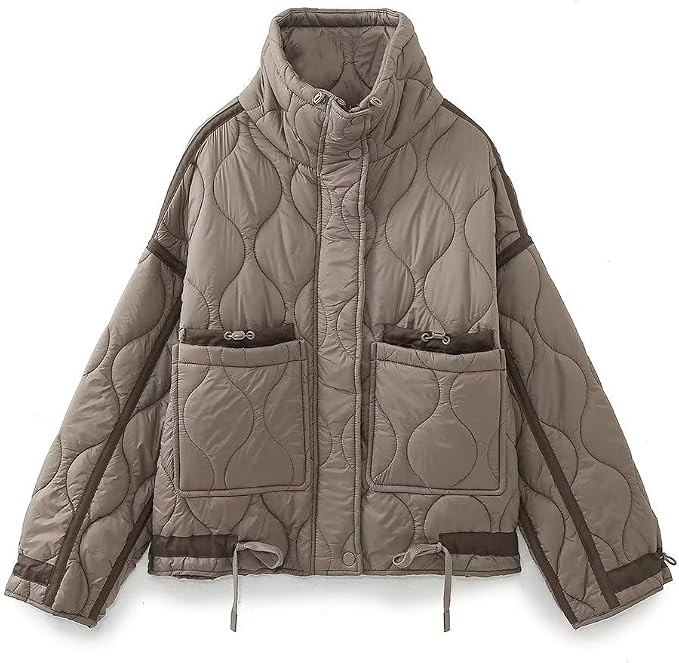 Womens Quilted Puffer Jacket Stand Collar Zip Up Padded Down Jacket with Pocket | Amazon (US)