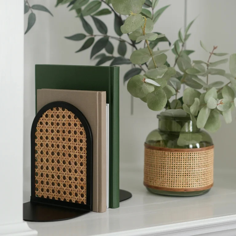 Arched Black Metal and Natural Rattan Indoor Tabletop Bookends | Walmart (US)