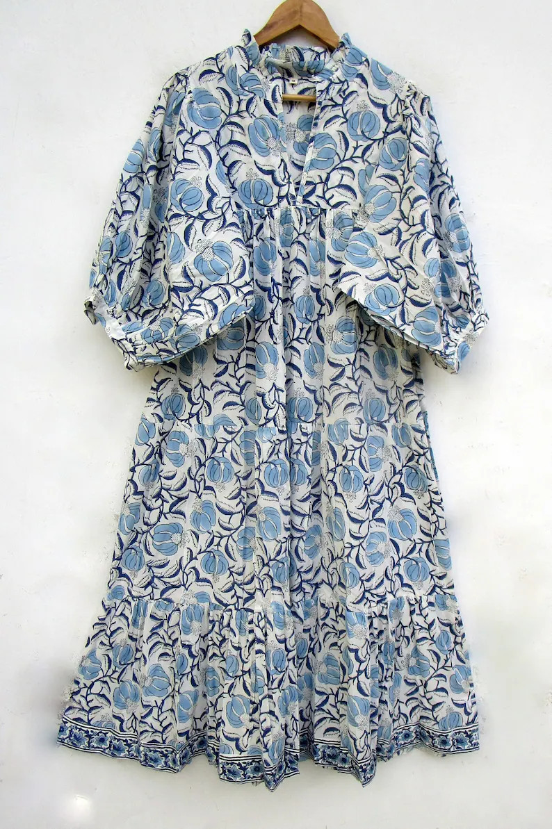 adorable flower printed cotton long maxi dress - v neckline maxi dress - 3/4th sleeve with button... | Etsy (Global)