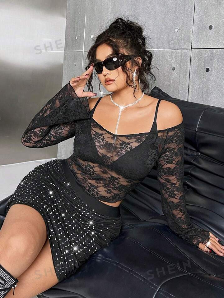 SHEIN ICON Plus Off Shoulder Lace Top Without Bra | SHEIN