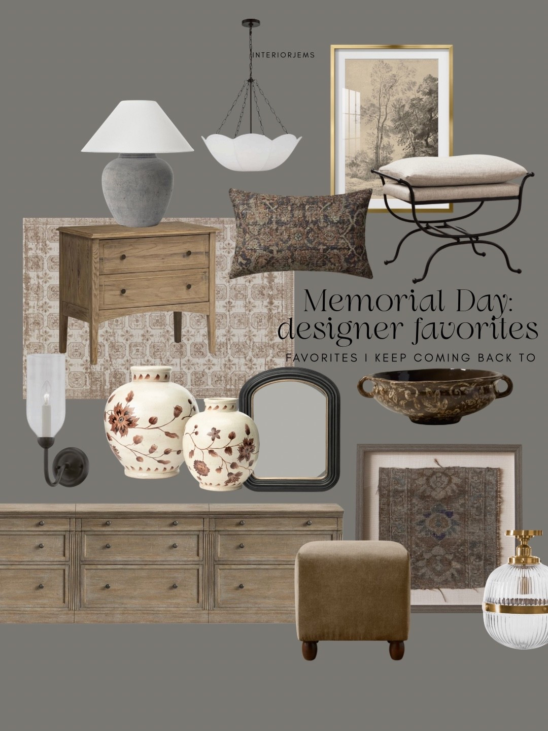 Memorial Day designer favorites 🤎 I pulled together some of the pieces I keep coming back to because they have that collected, timeless look without feeling overly trendy. Think warm wood furniture, vintage inspired rugs, sculptural lighting, floral pottery, framed textile art, upholstered stools, antique style mirrors, decorative pillows and those little accent pieces that make a room feel finished.

Sharing all of my favorites here while the Memorial Day sales are going on!

#LTKSaleAlert #LTKHome