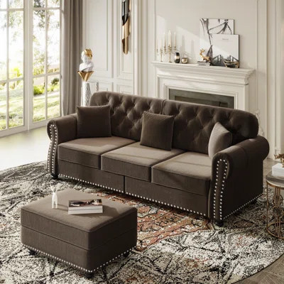 Mid-Century Modern 82.6"Velvet Upholstered Sofa With Nailhead Trim And Button Tufted, Modern Chesterfield Sofa With 2 Pillows And 3 Ottomans | Wayfair North America