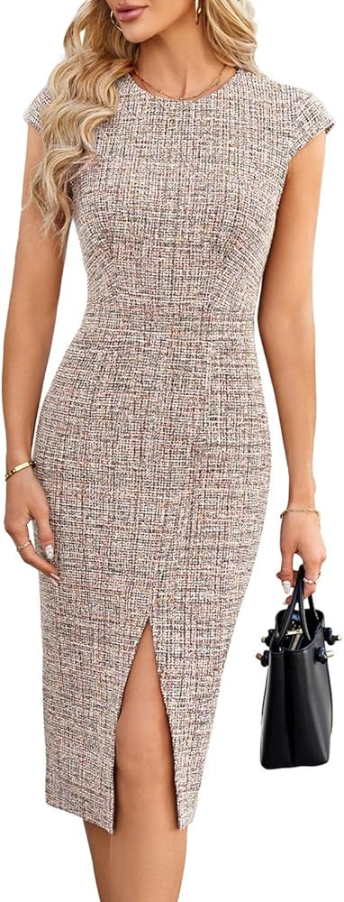 JASAMBAC Womens Work Pencil Dresses Vintage Tweed Slim Dress Cap Sleeve Crew Neck Office Bodycon ... | Amazon (US)