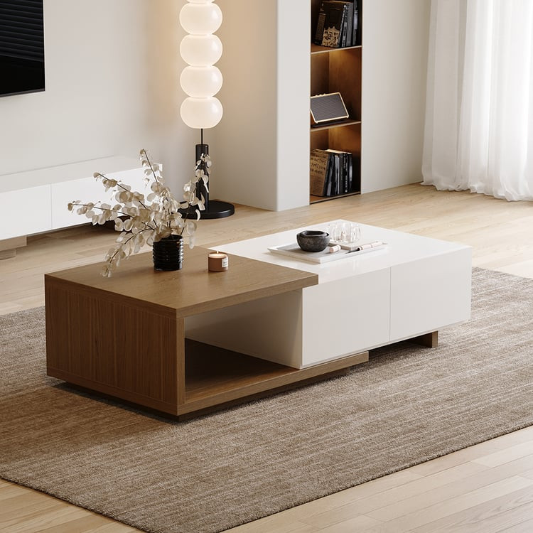 Quoint 68.9" Modern White & Walnut Coffee Table Retracted & Extendable with 2-Drawer | Homary | Homary