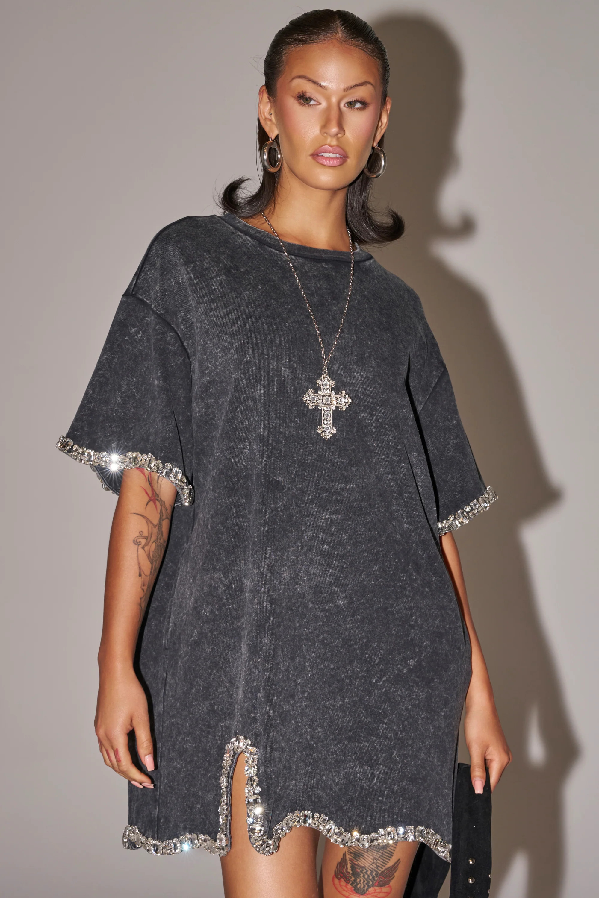 COOL GIRL EMBELLISHED TEE SHIRT DRESS IN BLACK | AKIRA