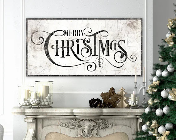 Large Merry Christmas Sign, French Country Christmas Decor, Black & White Neutral Holiday Wall Ar... | Etsy (US)
