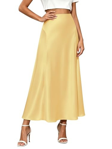 TITOMD Womens Satin Silk Maxi Skirts Summer Clothes 2026 A Line Hidden Elastic Casual Elegant Long Skirt for Women Yellow S | Amazon (US)