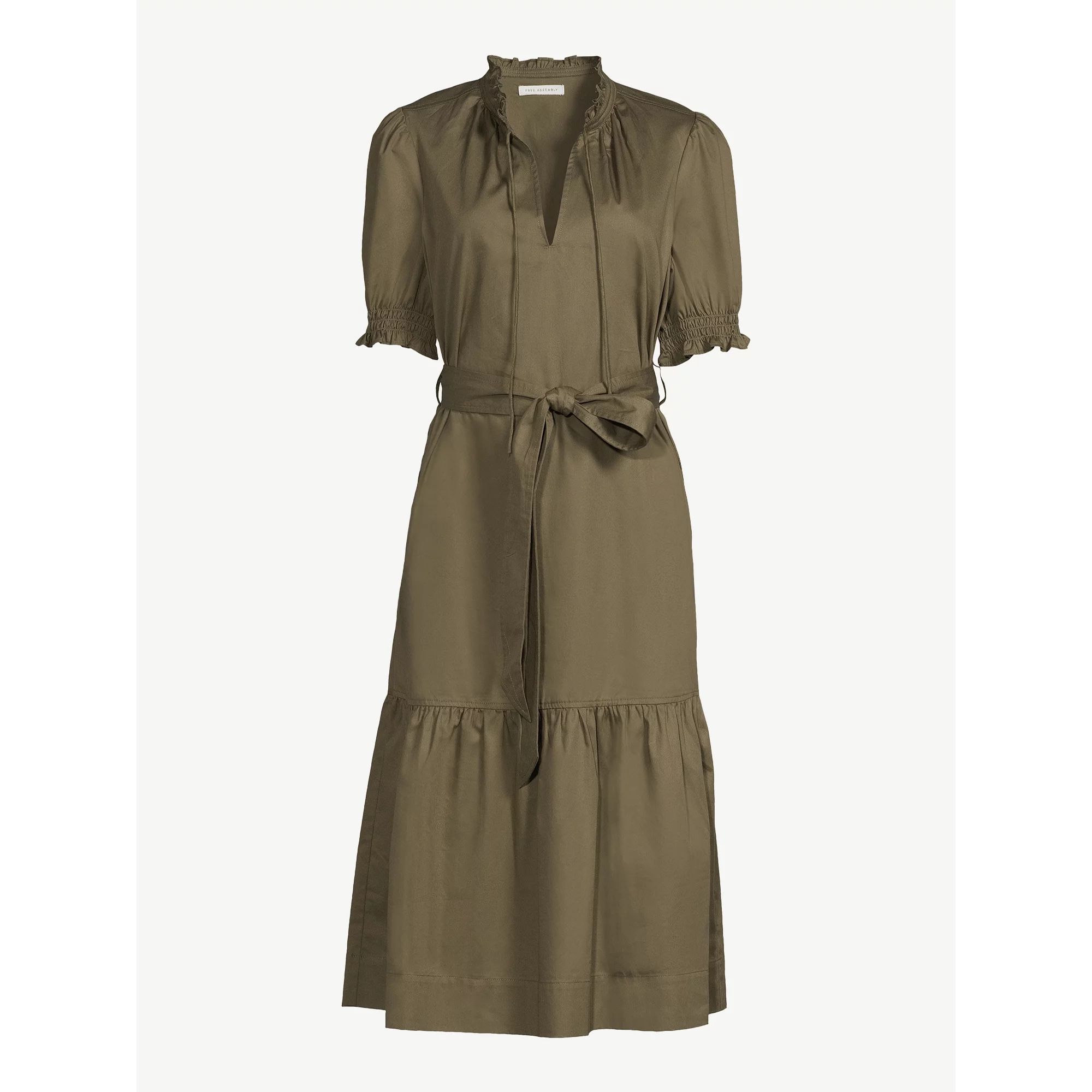Free Assembly Women's Ruffle Neck Belted Midi Dress with Short Sleeves, Size XS-XXL - Walmart.com | Walmart (US)