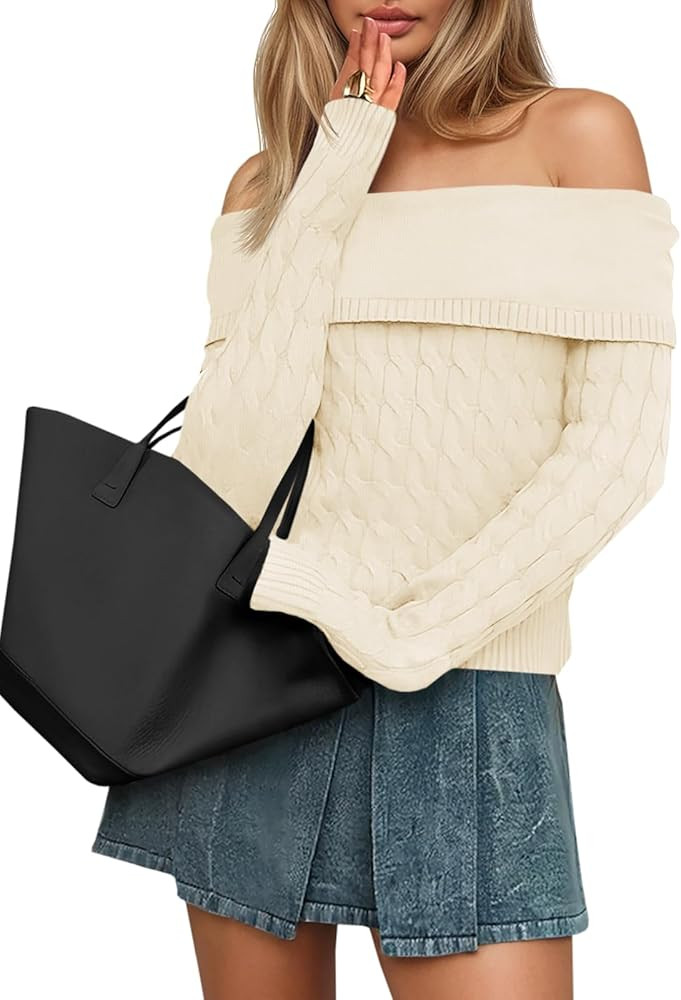 Saodimallsu Womens Off The Shoulder Sweaters Cable Knit Long Sleeve Sexy Fitted Fall Dressy Going... | Amazon (US)