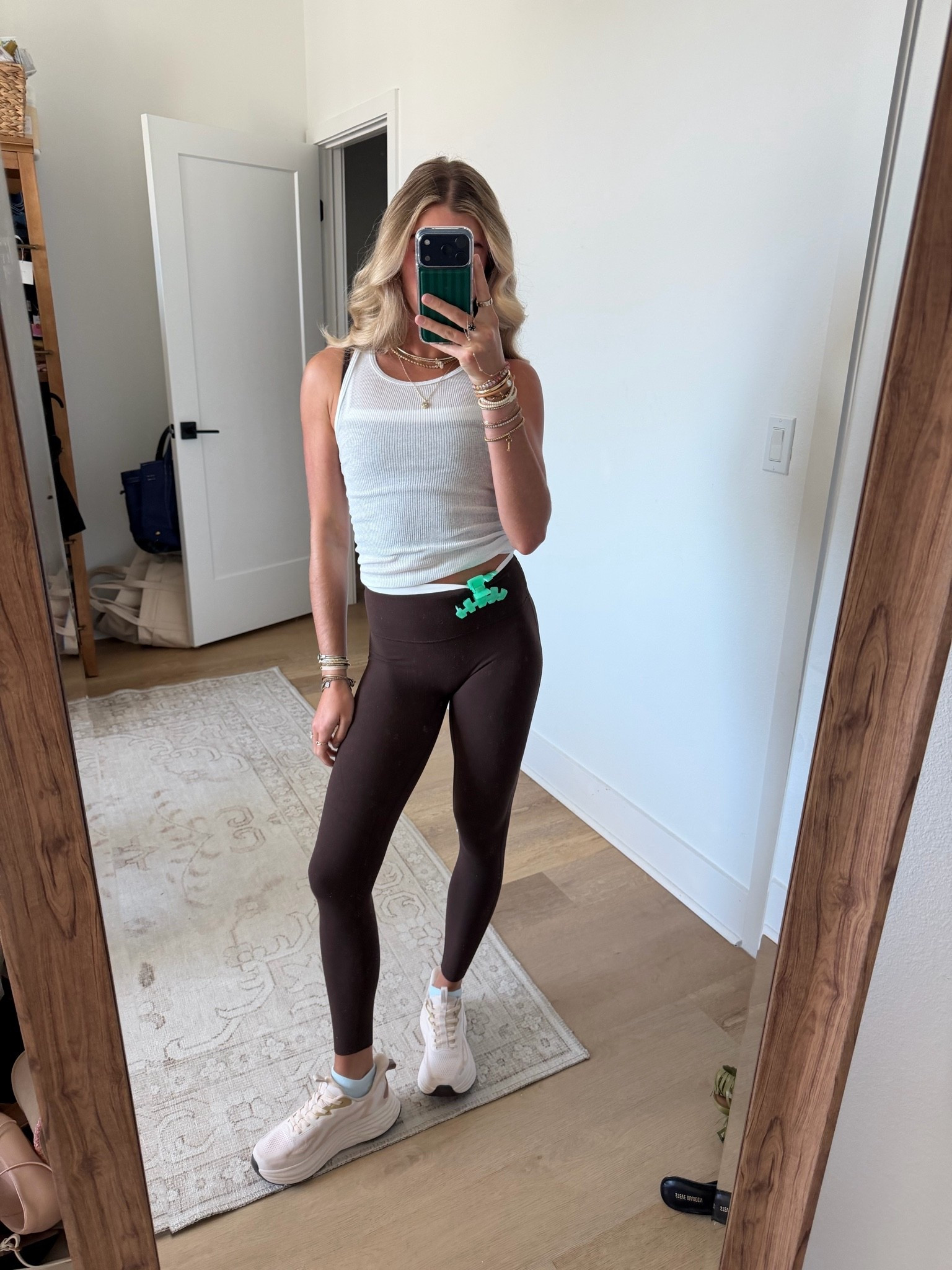 @abercrombie YPB studioFLEX Double-Layered Tank size xs in coffee; YPB studioFLEX 7/8-Length Legging size xs in coffee with my Hanes boy tank top layered overtop size large. My favorite amazon sneakers!! My hair clip is the best @Teleties