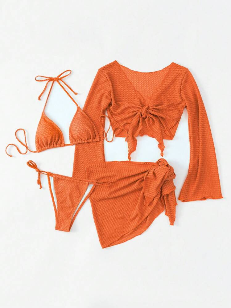 SHEIN Swim Women Summer Beach Solid Halter Bikini Set, Matched With Long Sleeve Swim Cover Up Top... | SHEIN