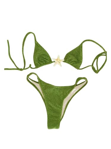 SOLY HUX Women's Sexy Halter Triangle Bikini Set Tie String Swimsuit High Cut Thong Two Piece Bathing Suit Plain Green Large | Amazon (US)